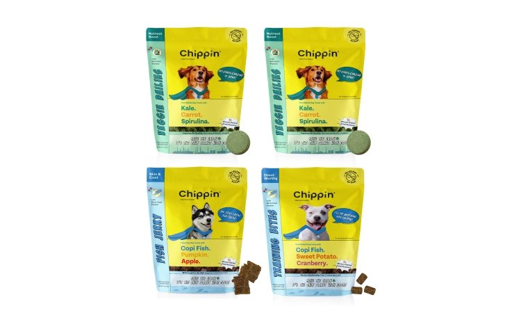 Four Chippin treat and food bags standing side by side