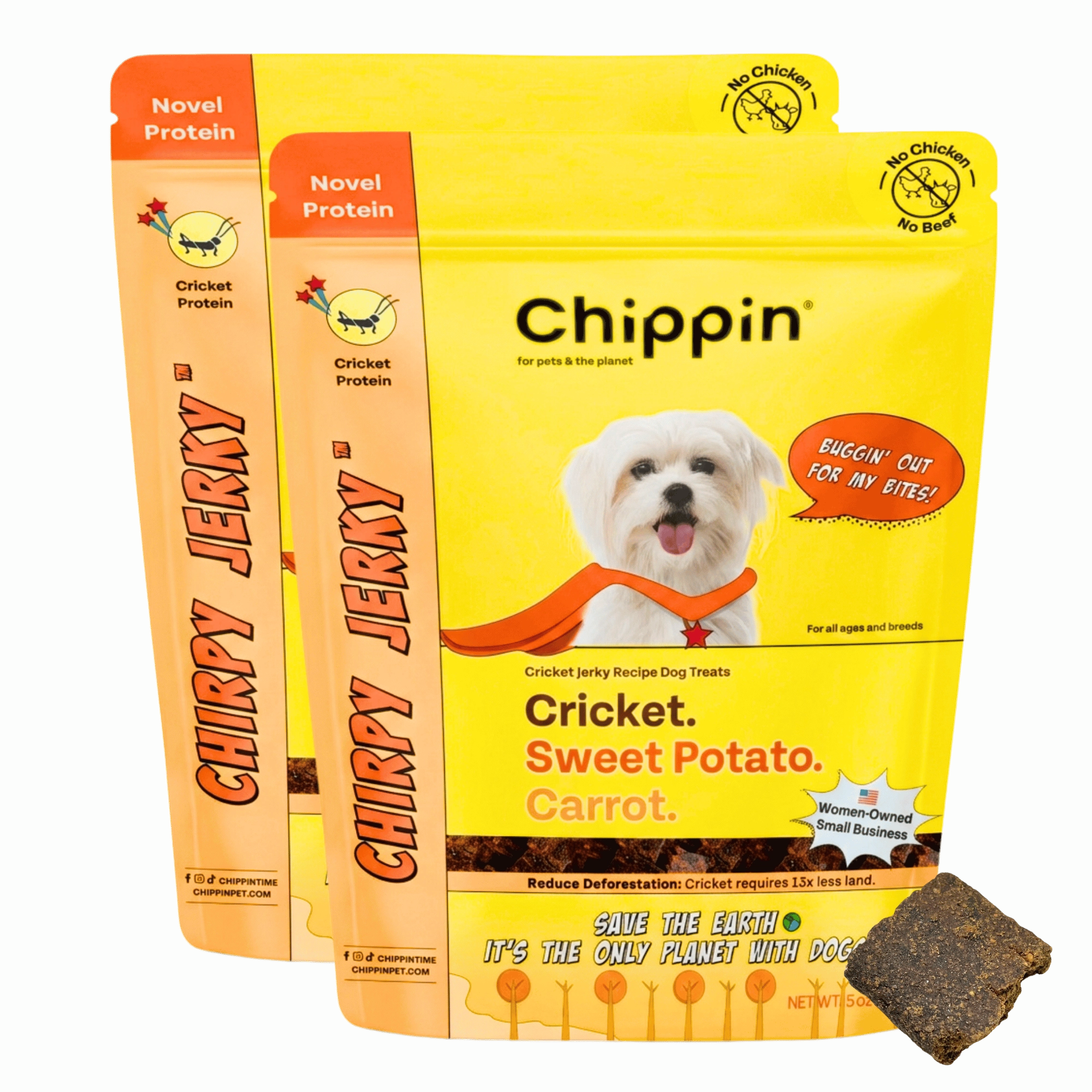 Two bags of Chirpy Jerky with cricket and sweet potato